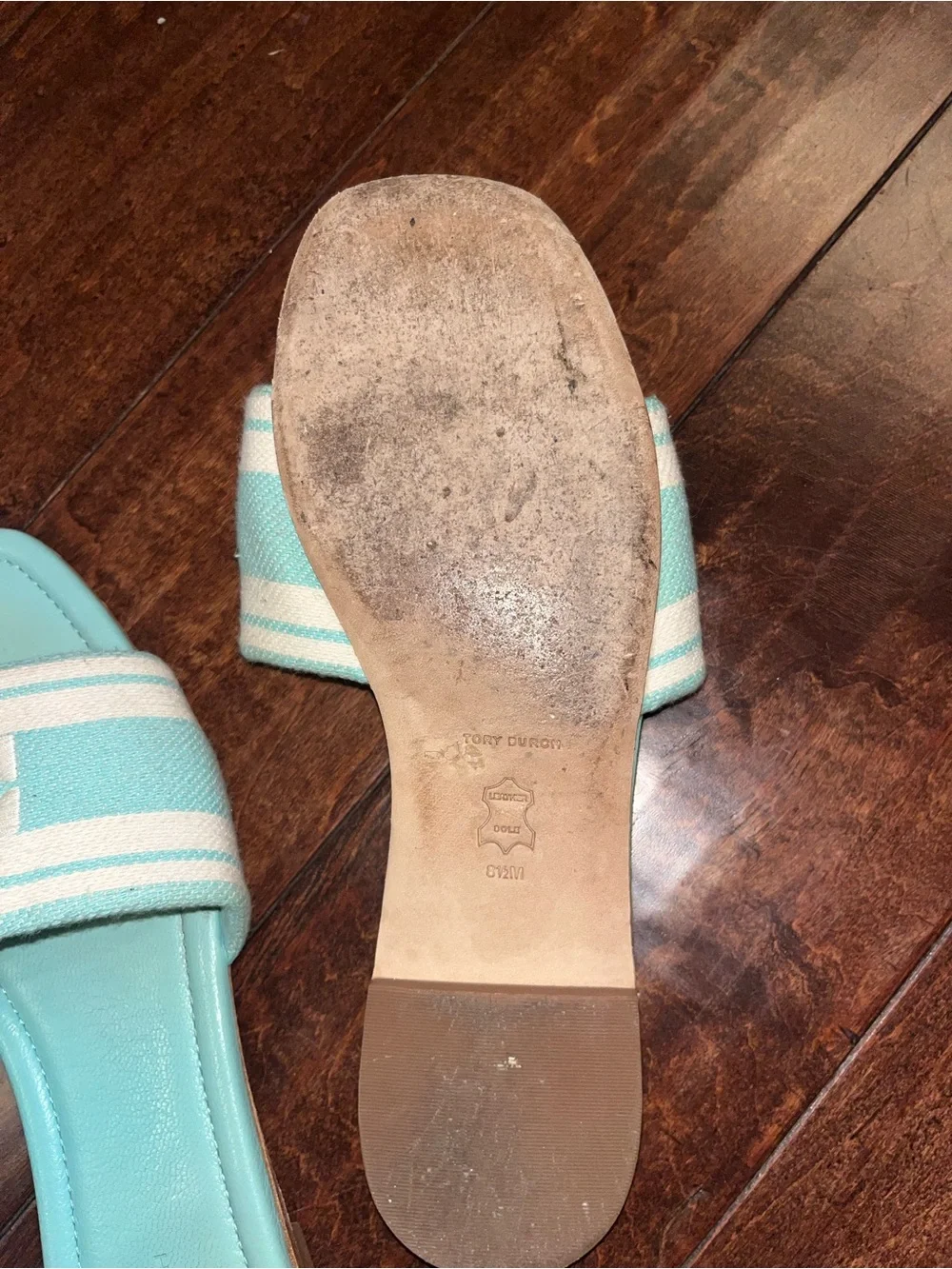 Tory Burch Mint Slide Sandals with Ivory Stripes